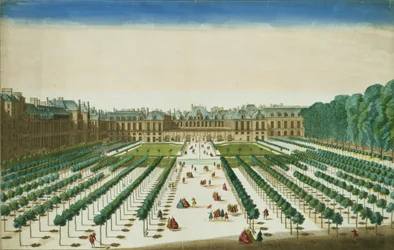 Ansicht und Perspektive des Palais Royal von der Gartenseite, graviert von Antoine Aveline (1691-1743)